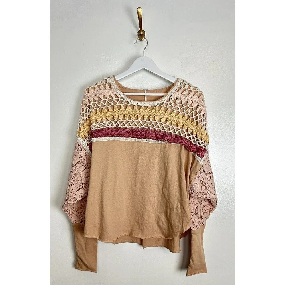 FREE PEOPLE High Hopes Cotton Crocheted-Yoke Lace-Sleeve Top Brown Sugar Combo